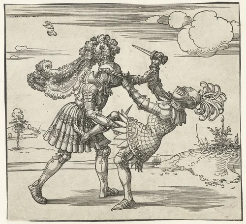 Twee ridders in gevecht by Albrecht Dürer, print, 1517-1518
