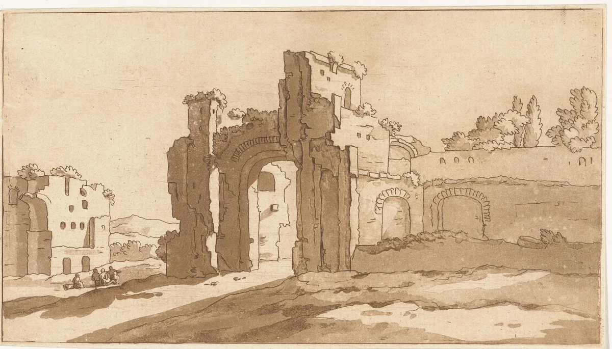 Ruïnes van de grote zaal van de Thermen van Caracalla, Rome by Anthonie van den Bos, print, 1778-1838
