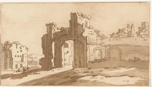 Ruïnes van de grote zaal van de Thermen van Caracalla, Rome by Anthonie van den Bos, print, 1778-1838