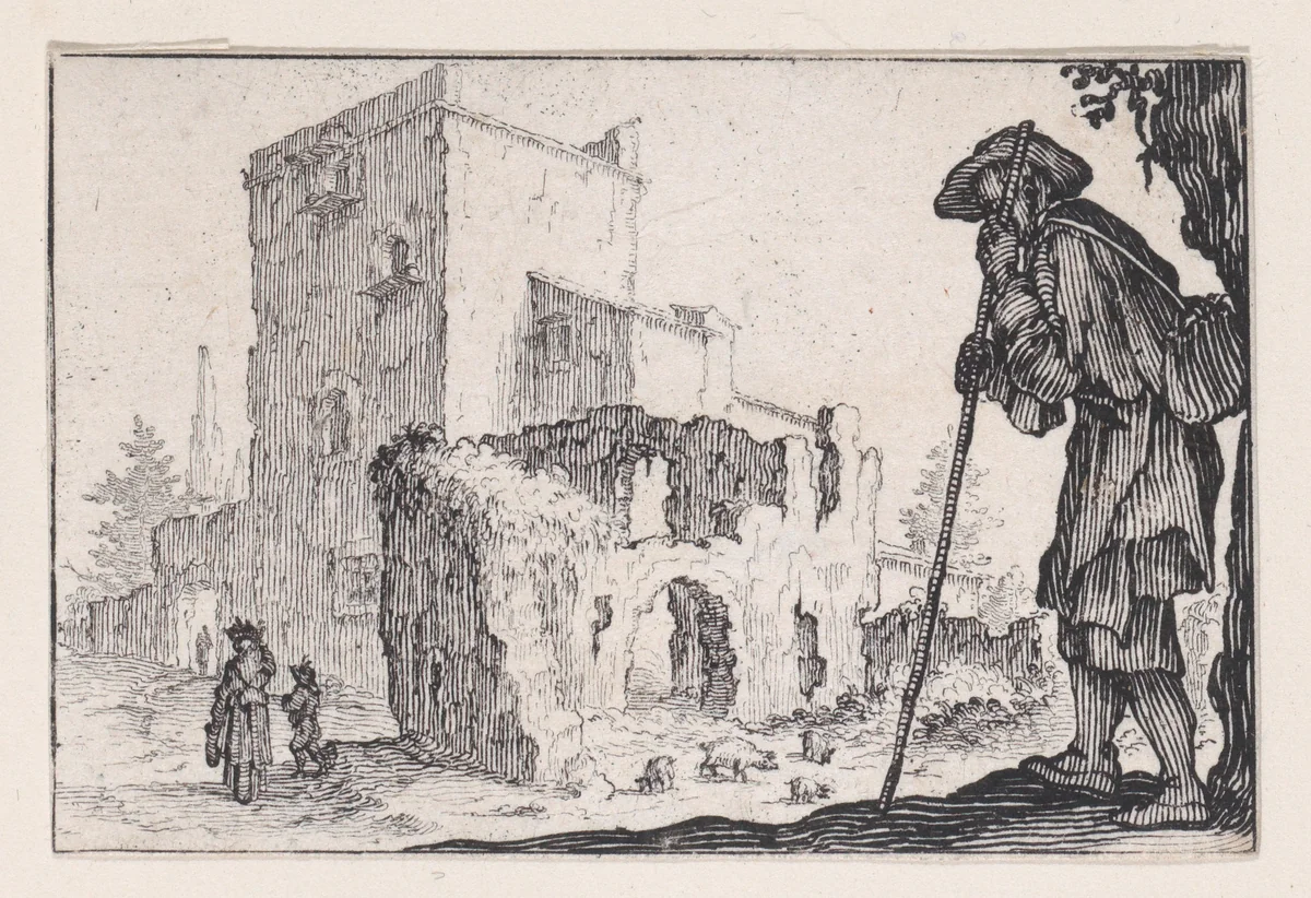 Le Patre et les Ruines (The Shepherd and the Ruins), from "Les Caprices" Series A, The Florence Set by Jacques Callot, print, 1617