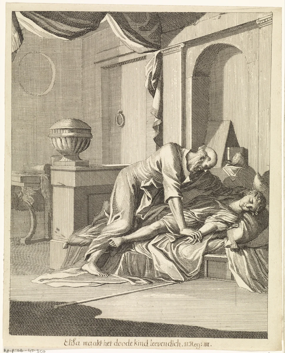 Elia wekt de dode zoon van de weduwe van Sarefat op by Caspar Luyken, print, 1708