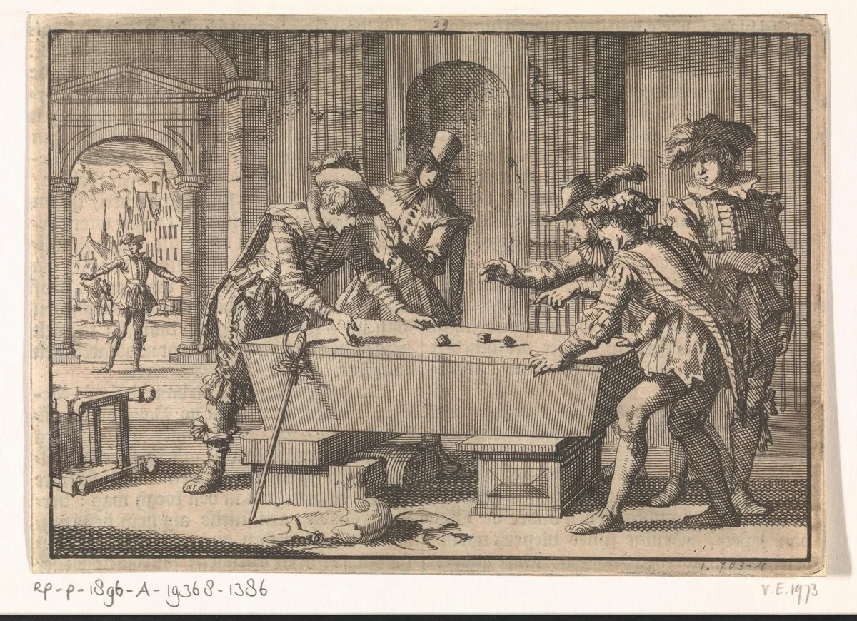 Lakeien dobbelen op de lijkkist van de hertog van Luynes, 1621 by Jan Luyken, print, 1698