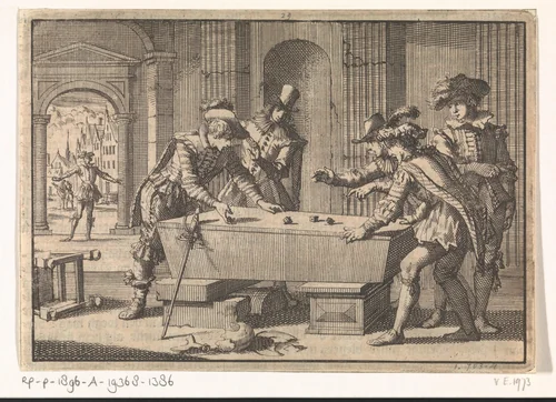 Lakeien dobbelen op de lijkkist van de hertog van Luynes, 1621 by Jan Luyken, print, 1698