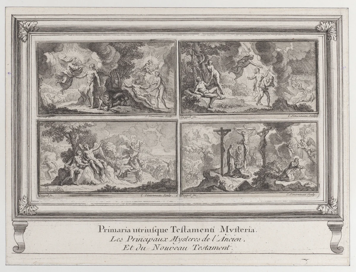 Four Biblical scenes: the main mysteries of the Old and New Testaments (Les principaux mystères de l'ancien et du nouveau testament) by Charles Simmoneau, print, 1680-1728
