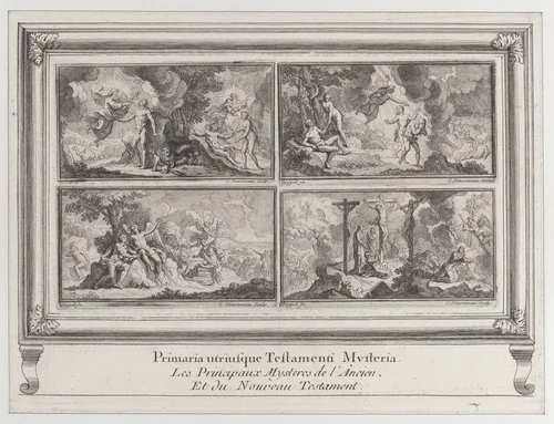 Four Biblical scenes: the main mysteries of the Old and New Testaments (Les principaux mystères de l'ancien et du nouveau testament) by Charles Simmoneau, print, 1680-1728