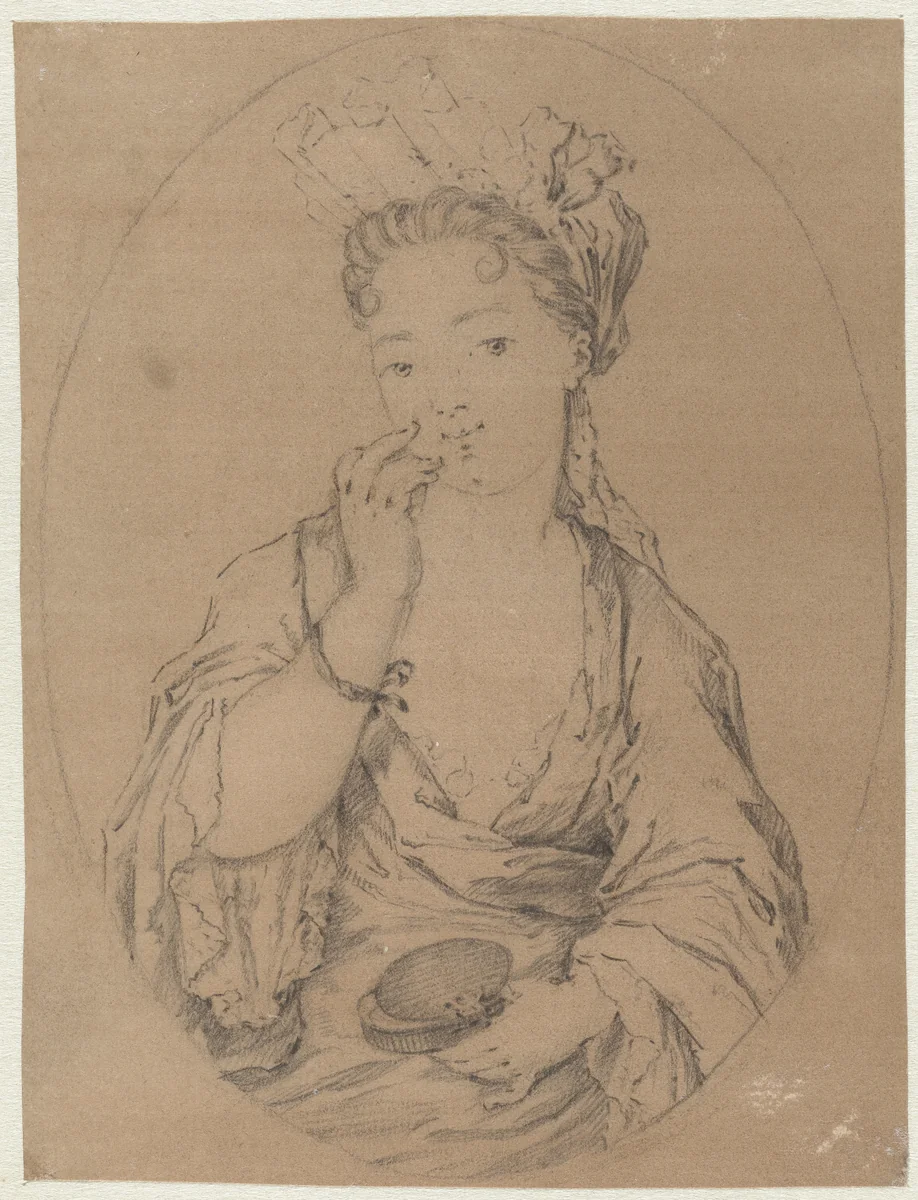 Dame die een moesje aanbrengt by Godfried Schalcken, drawing, 1653-1706