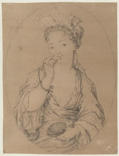 Dame die een moesje aanbrengt by Godfried Schalcken, drawing, 1653-1706