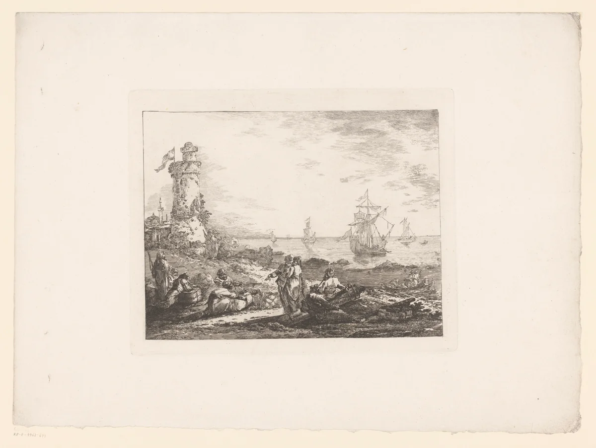 Oosterlingen rustend aan de kustlijn by anonymous, print, 1793-1832