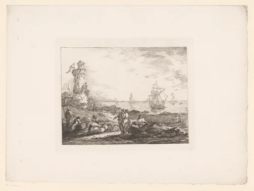 Oosterlingen rustend aan de kustlijn by anonymous, print, 1793-1832