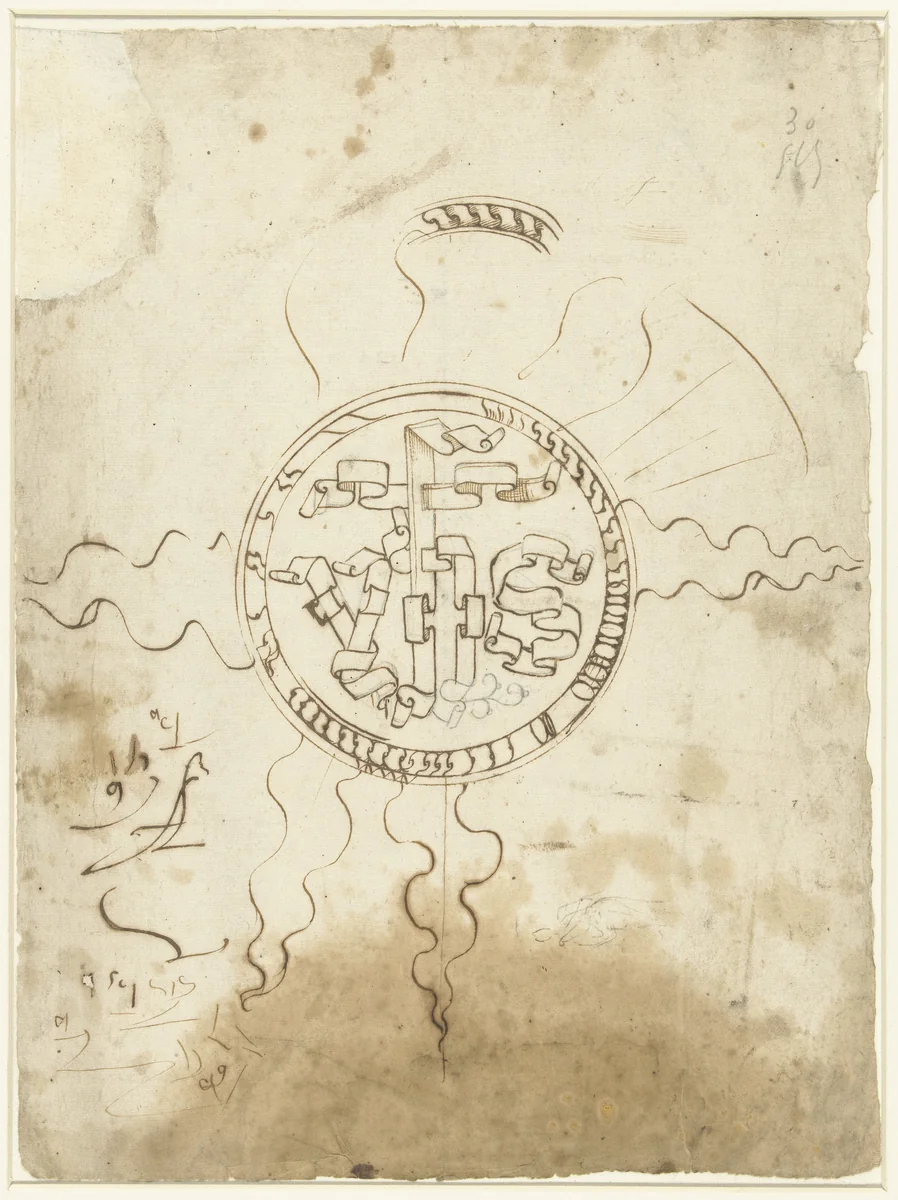 Christusmonogram in een stralenkrans by anonymous, drawing, 1500-1520
