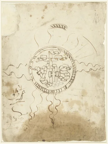 Christusmonogram in een stralenkrans by anonymous, drawing, 1500-1520