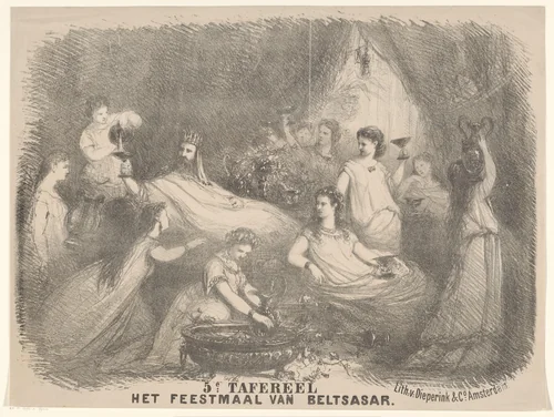 Scène uit toneelstuk Het feestmaal van Belsazar by Charles Rochussen, print, 1865-1894