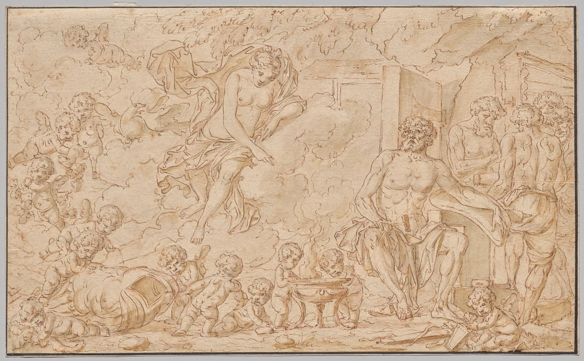 Venus at the Forge of Vulcan by Louis Félix de La Rue, drawing, 1700-1799
