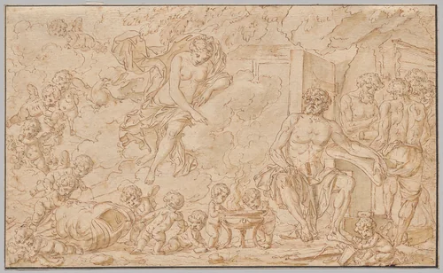 Venus at the Forge of Vulcan by Louis Félix de La Rue, drawing, 1700-1799