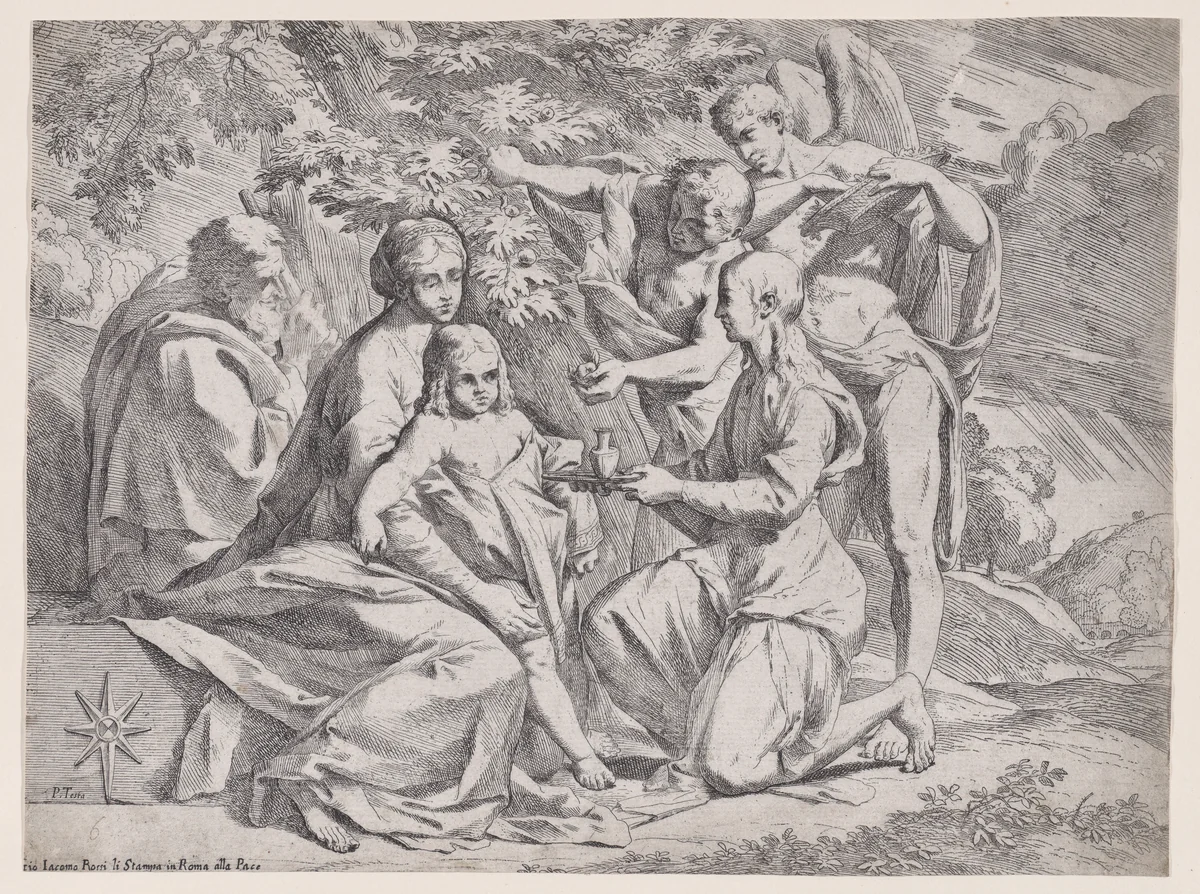 The Holy Family attended by Angels by Pietro Testa, print, 1600-1650