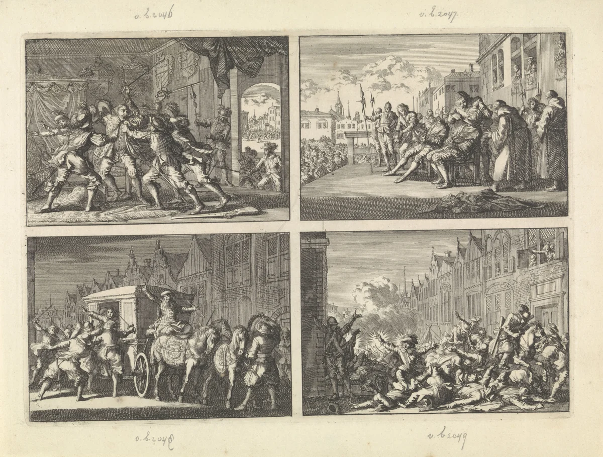 Te Lissabon wordt de Spaanse staatsman Miguel de Vasconcelos in zijn paleis gedood bij de vrijverklaring der Portugezen van Spanje, 1640 / Te Madrid worden de hoofden van Don Pedro de Silva en Don Carlo di Padiglia afgesneden, 1648 / Te Parijs wordt bij nacht de koets van hertog De Beaufort aangevallen, 1650 / Angers bezet door aanhangers van Mazarin die in een hinderlaag van tien kanonnen van gouverneur De Rohan lopen, 1652 by Caspar Luyken, print, 1698