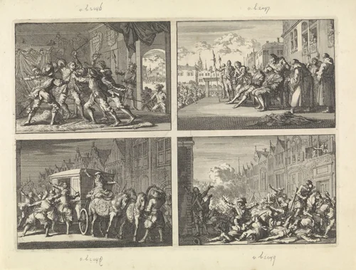 Te Lissabon wordt de Spaanse staatsman Miguel de Vasconcelos in zijn paleis gedood bij de vrijverklaring der Portugezen van Spanje, 1640 / Te Madrid worden de hoofden van Don Pedro de Silva en Don Carlo di Padiglia afgesneden, 1648 / Te Parijs wordt bij nacht de koets van hertog De Beaufort aangevallen, 1650 / Angers bezet door aanhangers van Mazarin die in een hinderlaag van tien kanonnen van gouverneur De Rohan lopen, 1652 by Caspar Luyken, print, 1698