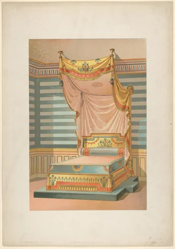 Bed in Egyptian Style, from 'Nouveaux modèles de Tentures (Bibliothèque de l'Ameublement)' by Ernest Foussier, print, 1875-1885