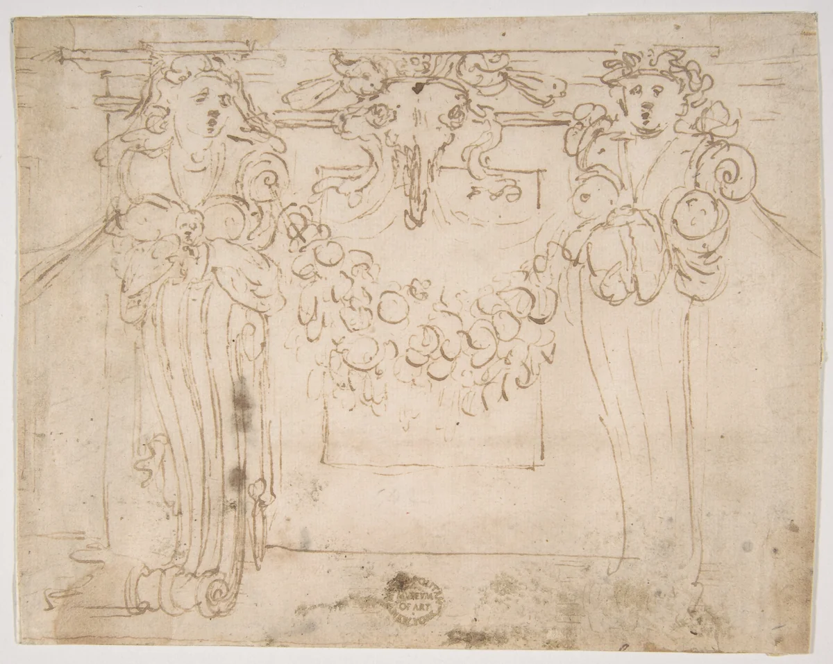 Sketch for a wall panel in the Sala Paolina at Castel Sant' Angelo, Rome by Perino del Vaga, drawing, 1541-1551