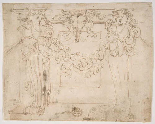 Sketch for a wall panel in the Sala Paolina at Castel Sant' Angelo, Rome by Perino del Vaga, drawing, 1541-1551