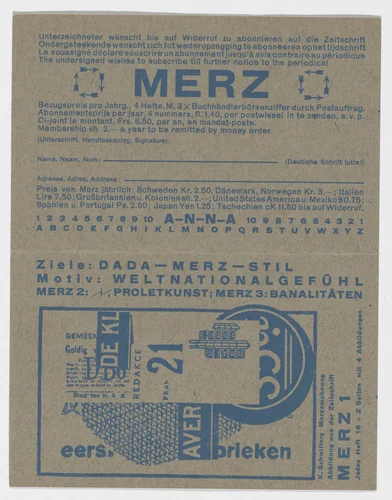 Merz subscription card by Kurt Schwitters, design, 1923