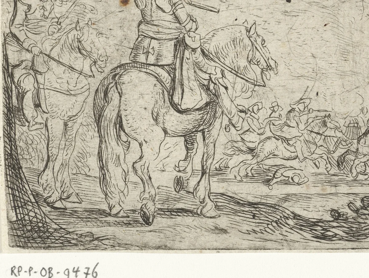 Twee ruiters bij een cavaleriegevecht by Jan Martszen de Jonge, print, 1619-1649