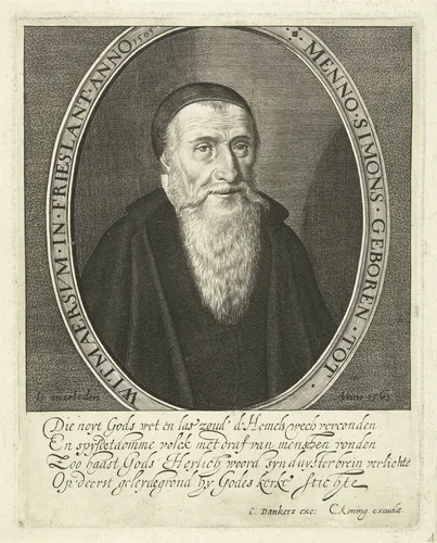 Portret van Menno Simons by Cornelis Koning, print, 1608-1671