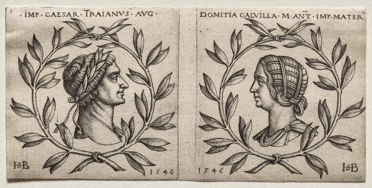 Busts of Emperor Trajan and Domitia Calvilla by Hans Sebald Beham, print, 1546