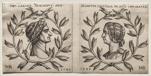Busts of Emperor Trajan and Domitia Calvilla by Hans Sebald Beham, print, 1546