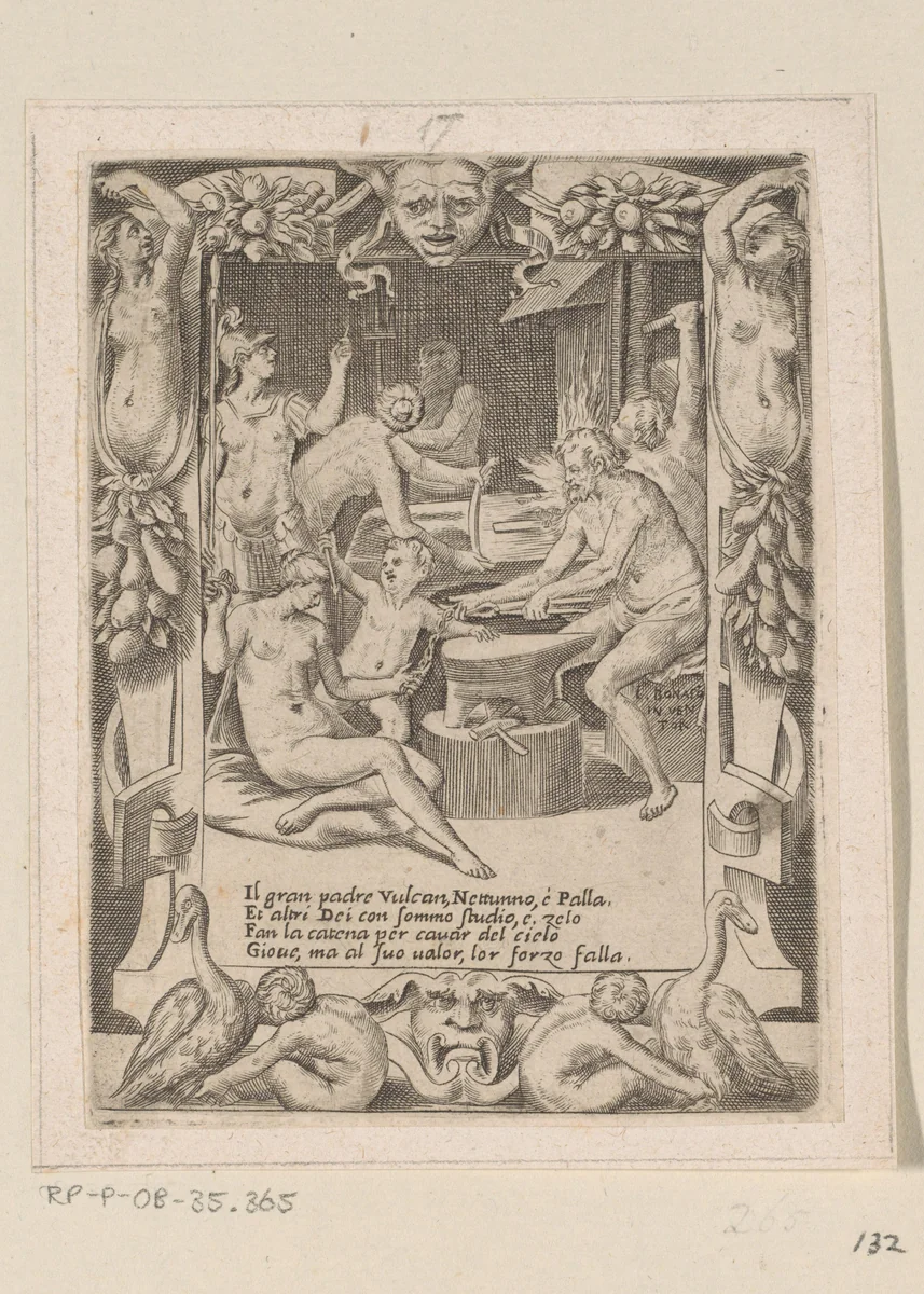 Goden maken ketenen om Jupiter uit de hemelen te trekken by Giulio Bonasone, print, 1501-1580