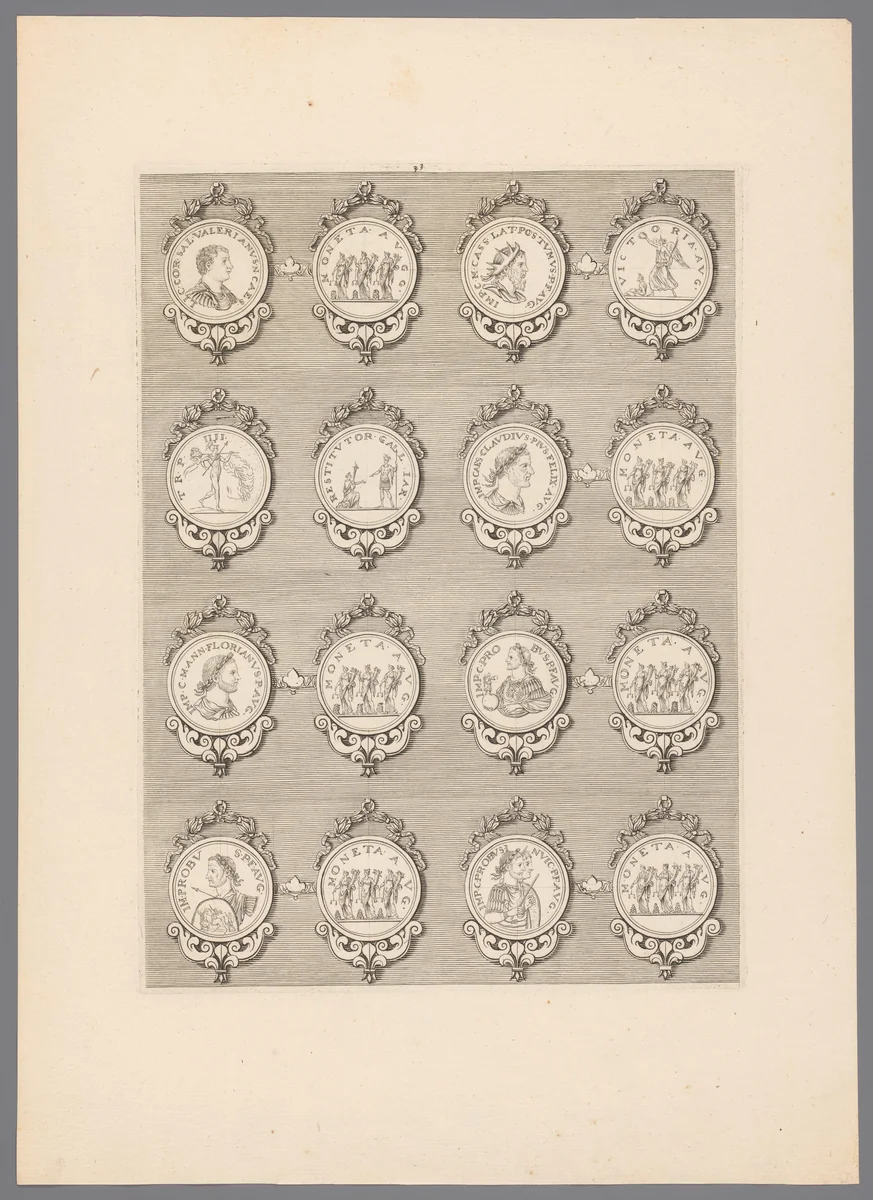 Zestien penningen met versierde lijsten by Simon de la Boissière, print, 1647-1682