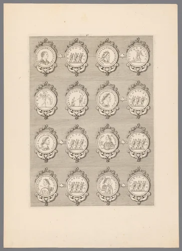 Zestien penningen met versierde lijsten by Simon de la Boissière, print, 1647-1682