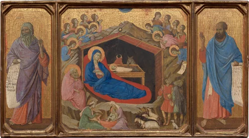 The Nativity with the Prophets Isaiah and Ezekiel by Duccio di Buoninsegna, painting, 1308-1311