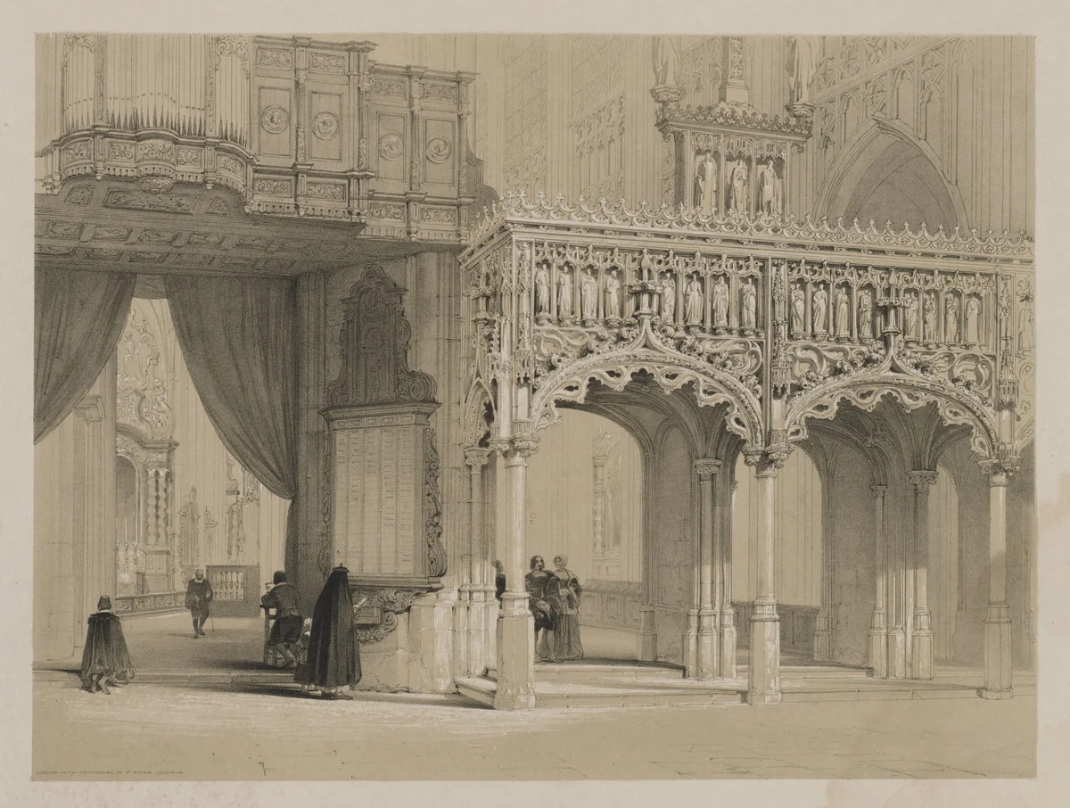 Sketches in Belgium and Germany, Volume I: Screen in the Cathedral of St. Peter, Louvain by Louis Haghe, print, 1840