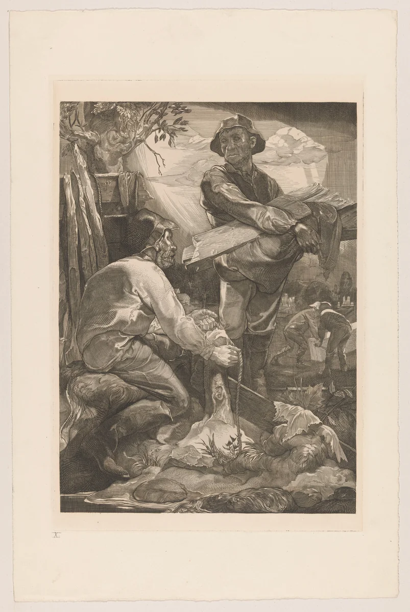 Twee arbeiders met touw en planken by Johannes Josephus Aarts, print, 1881-1934