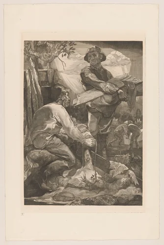 Twee arbeiders met touw en planken by Johannes Josephus Aarts, print, 1881-1934