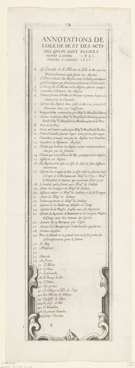 Beleg van Saint Martin op het Île de Ré, juli-november 1627 (tekst, deel linksonder) by anonymous, print, 1629-1631