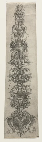 Upright Arabesque with Masks, Cupids and Nereids by Giovanni Antonio da Brescia, print, 1470-1510