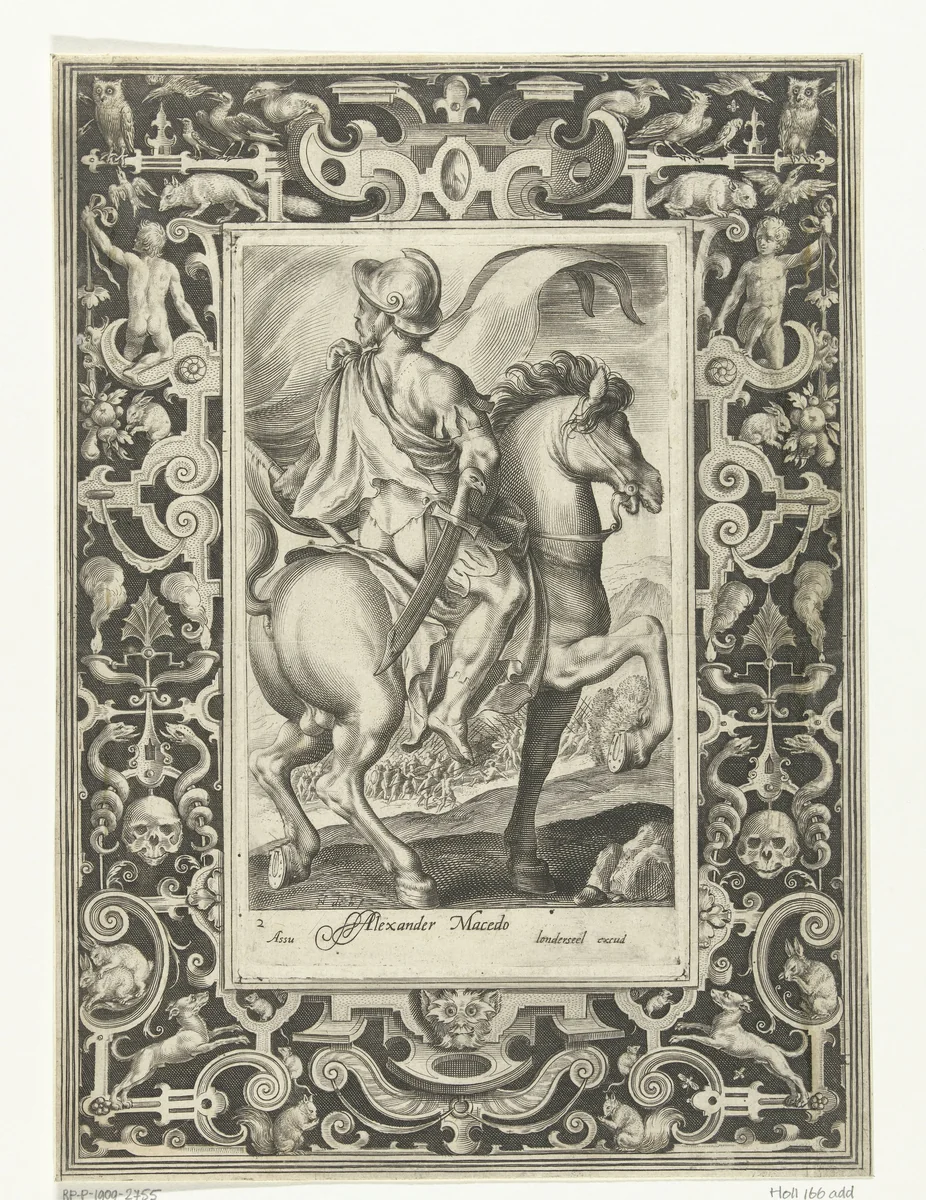 Held Alexander de Grote te paard in omlijsting met ornamenten by Unknown, print, 1581-1594