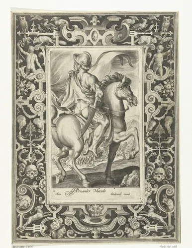 Held Alexander de Grote te paard in omlijsting met ornamenten by Unknown, print, 1581-1594