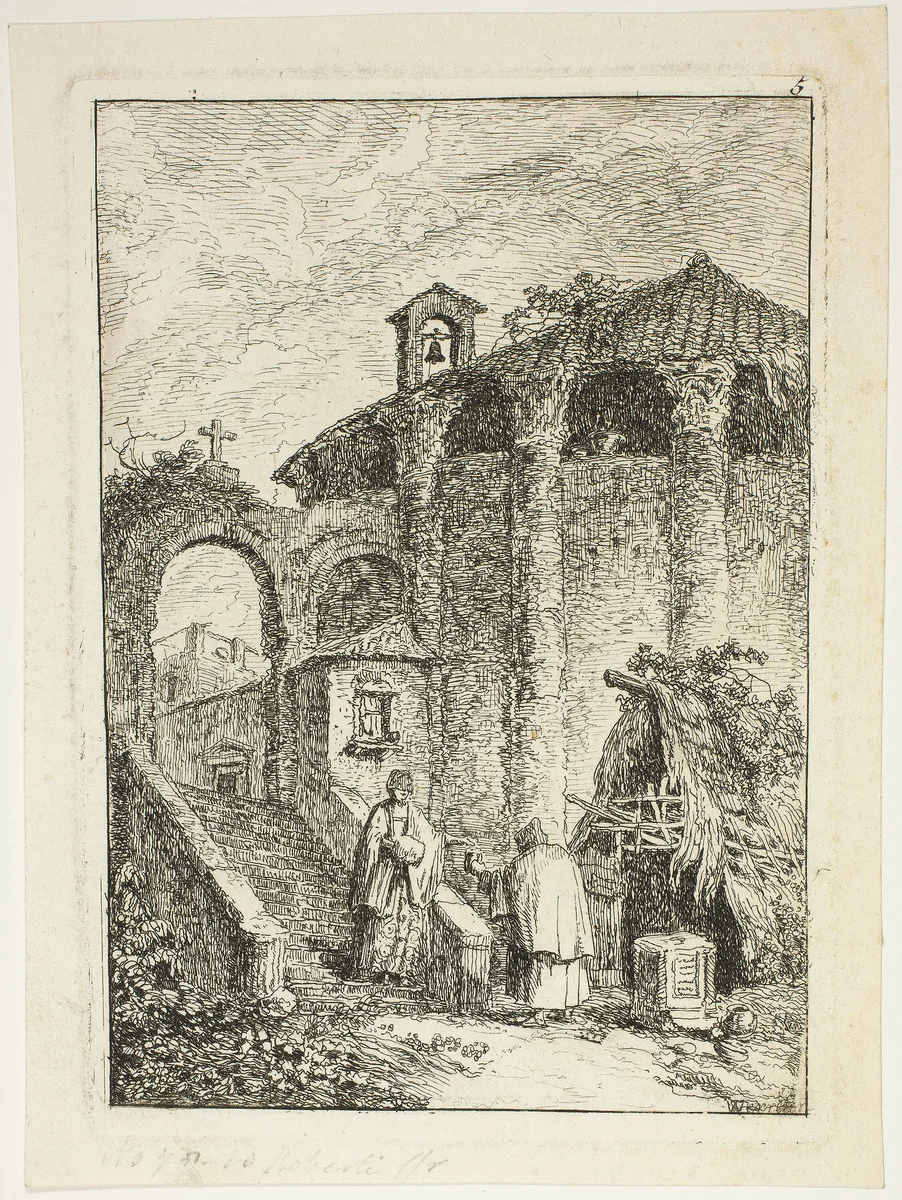 Ancient Temple, plate five from Les Soirées de Rome by Hubert Robert, print, 1764