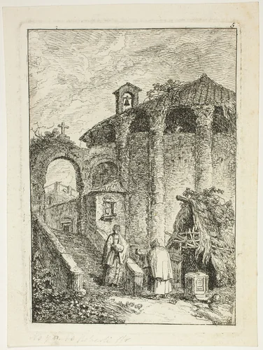 Ancient Temple, plate five from Les Soirées de Rome by Hubert Robert, print, 1764