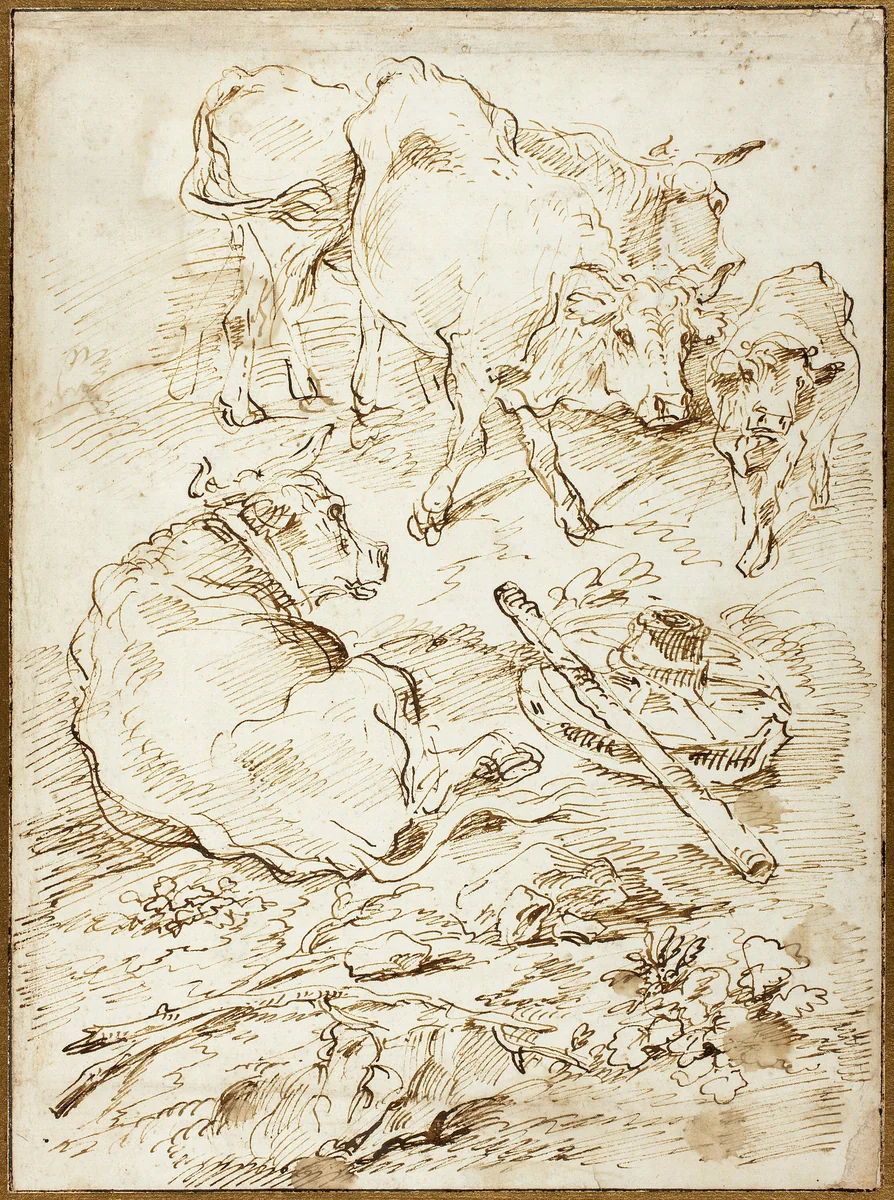Cattle Beside Cart Wheel by Giovanni Francesco Castiglione, drawing, 1640-1655
