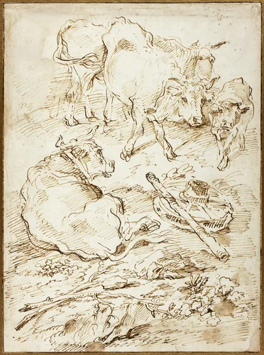 Cattle Beside Cart Wheel by Giovanni Francesco Castiglione, drawing, 1640-1655