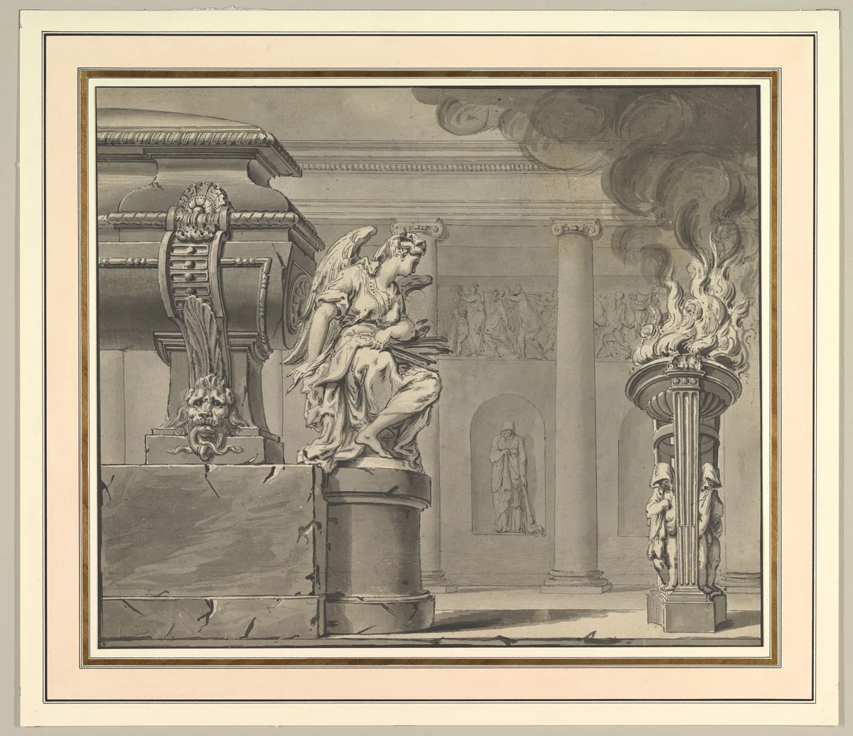 Classical Scene with a Tomb and Flaming Brazier by Gilles Marie Oppenord, drawing, 1700-1710