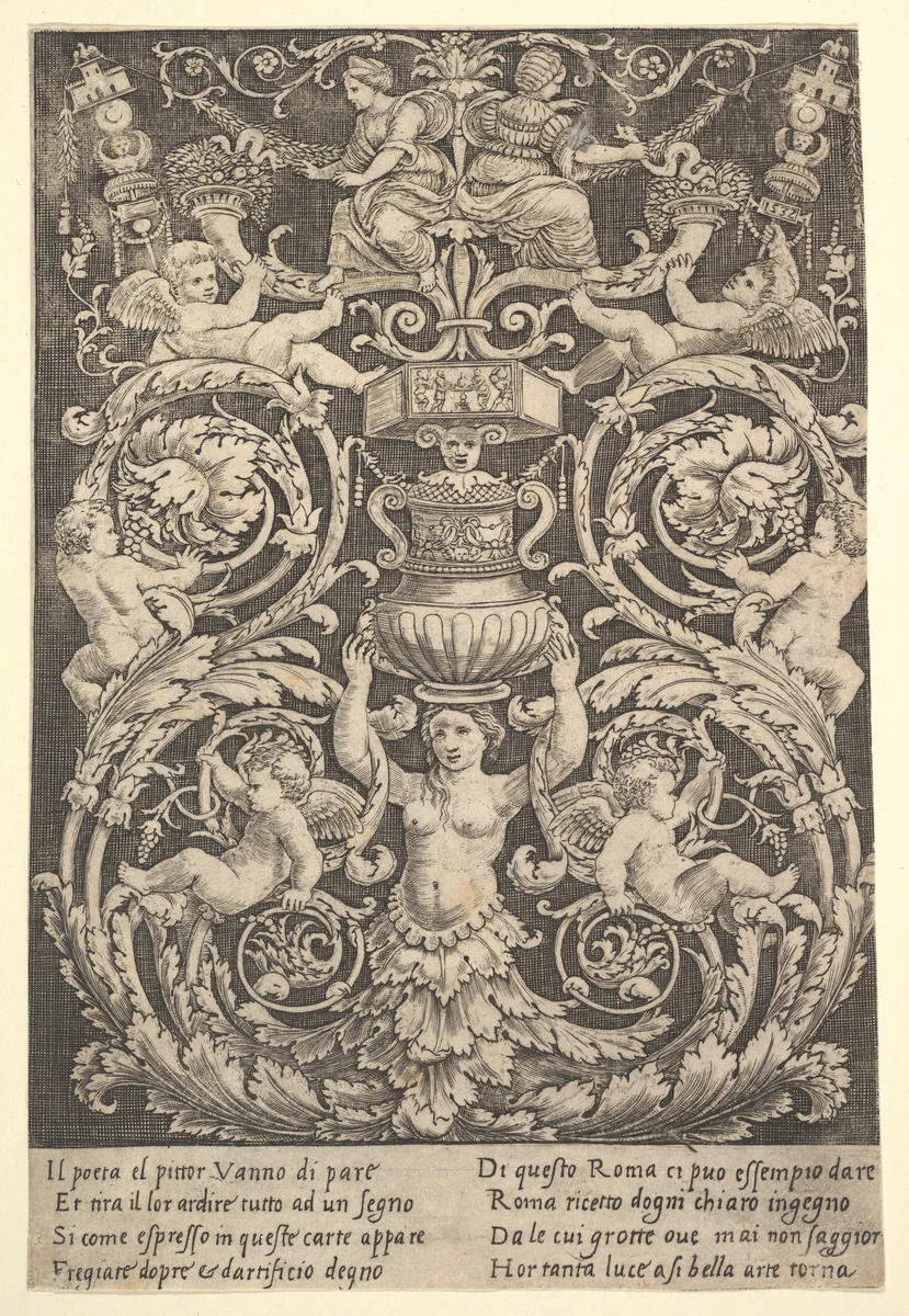 A panel of ornament with a woman holding a vase in centre by Master of the Die, print, 1532