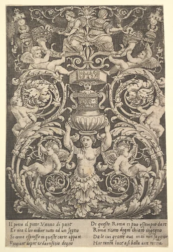 A panel of ornament with a woman holding a vase in centre by Master of the Die, print, 1532