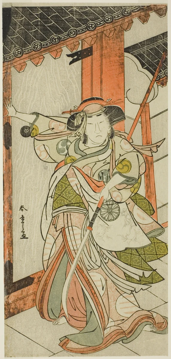 The Actor Nakamura Tomijuro I as Hangaku Gozen Breaking Down the Gate in the Play Wada-gassen Onna Maizuru (The Wada Conflict: A Woman's "Maizuru"), Performed at the Nakamura Theater from the Twenty-fifth Day of the Seventh Month, 1777 by Katsukawa Shunsho (勝川 春章), print, 1772-1782