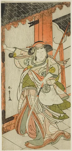 The Actor Nakamura Tomijuro I as Hangaku Gozen Breaking Down the Gate in the Play Wada-gassen Onna Maizuru (The Wada Conflict: A Woman's "Maizuru"), Performed at the Nakamura Theater from the Twenty-fifth Day of the Seventh Month, 1777 by Katsukawa Shunsho (勝川 春章), print, 1772-1782