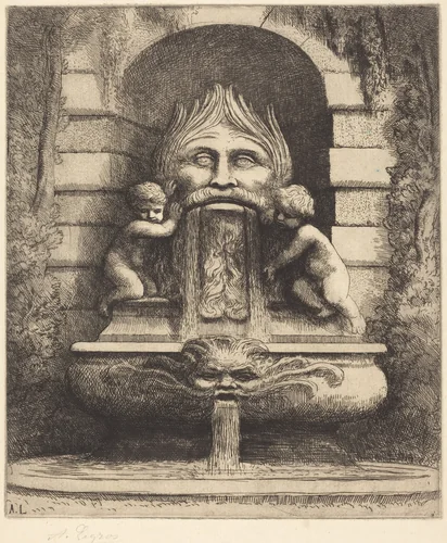 Fountain: Grotesque, Children and Basin (Une fountaine: Masque, enfants et bassin) by Alphonse Legros, print, 1837-1911